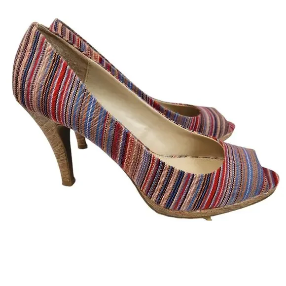 Sam & Libby Pumps Sz 9 Peeptoe Striped Colorful Pump Heels - Picture 6 of 12